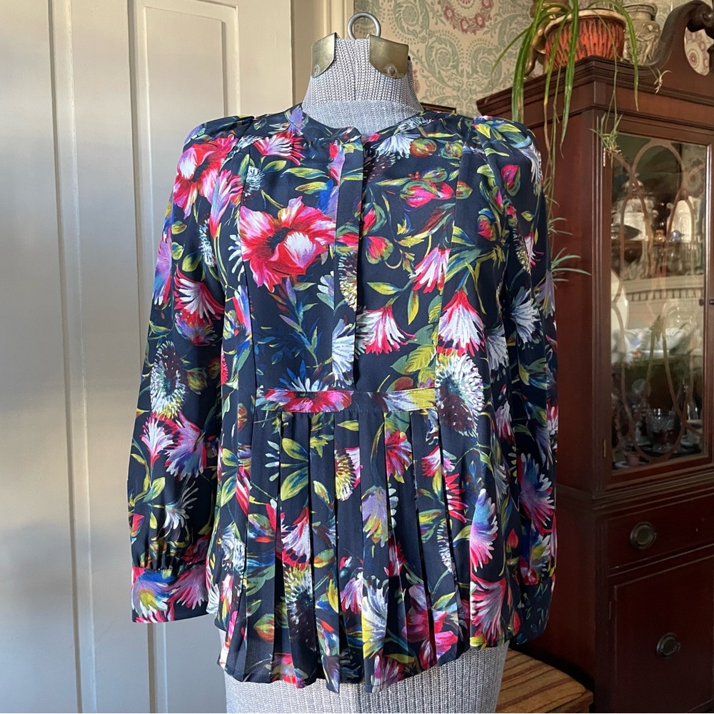 J. CREW Long Sleeve Silk Blouse with Multi-Colored Flowers Navy Blue Background